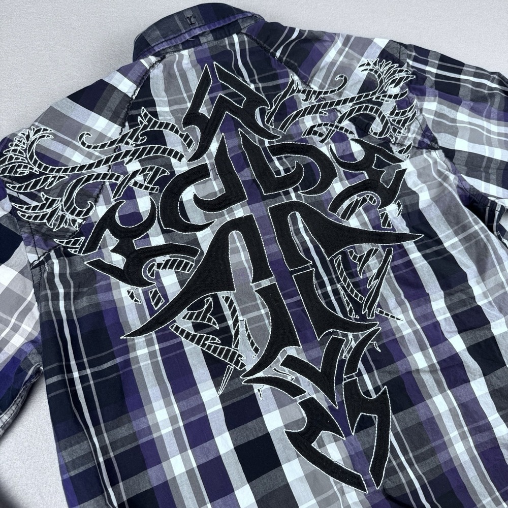 Roar Signature Reward Button Shirt Men XXL Long Sleeve Embroidered Purple Plaid